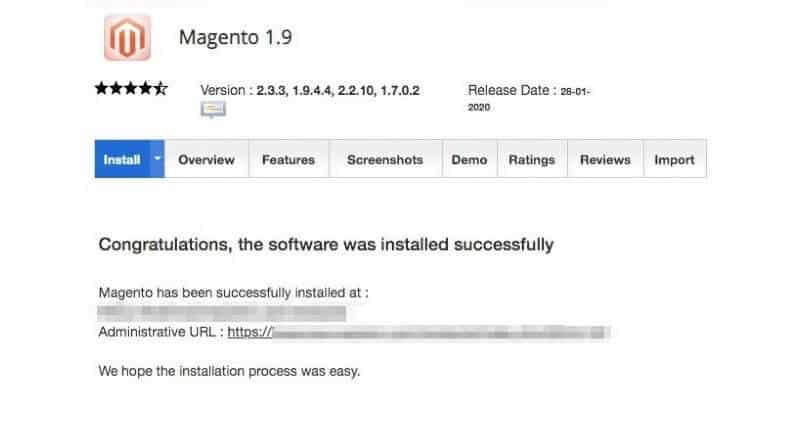 The Magento installation success message.