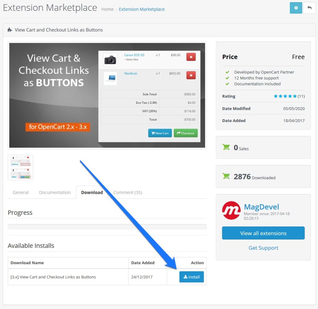 install opencart extension in back end