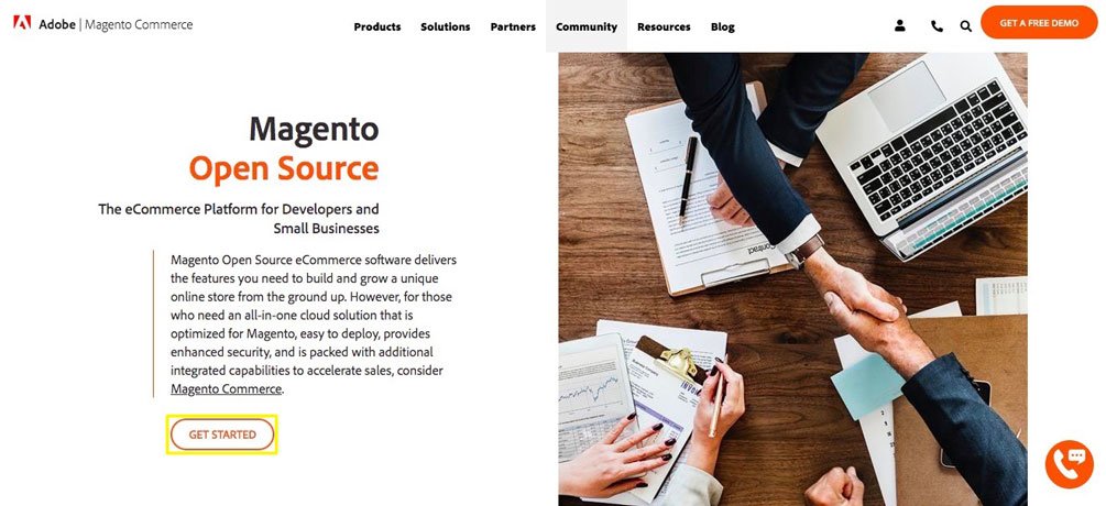 The Magento Open Source e-commerce platform homepage. 