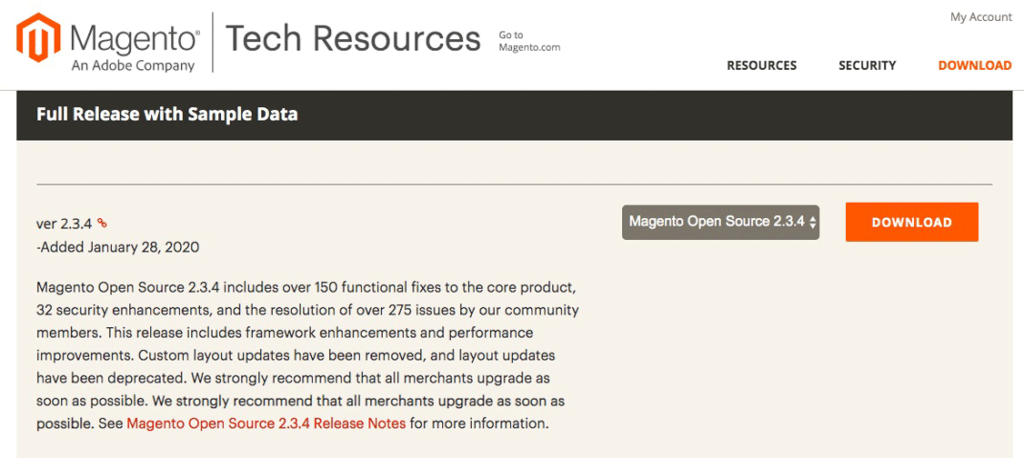The Magento Tech Resources downloads page.