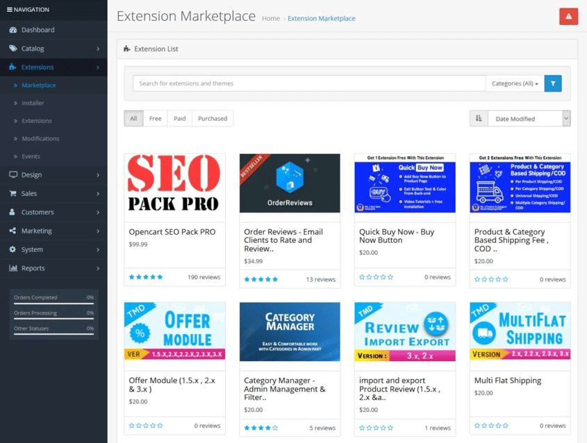 opencart extension marketplace in back end