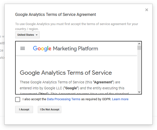 accept google analytics terms of service