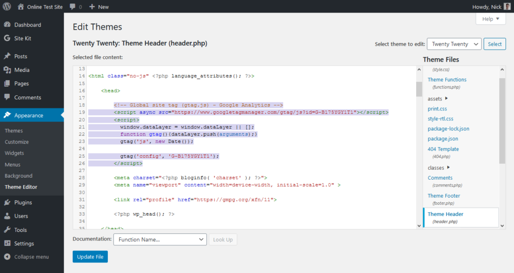 add google analytics tracking code to wordpress header file via the theme editor