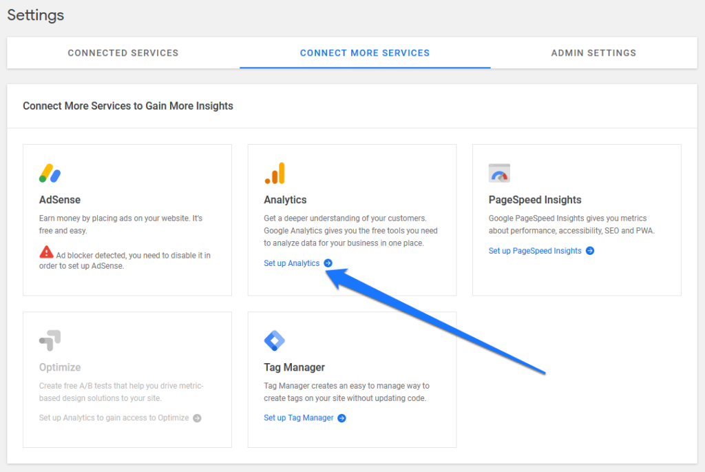 connect more services in google site kit settings