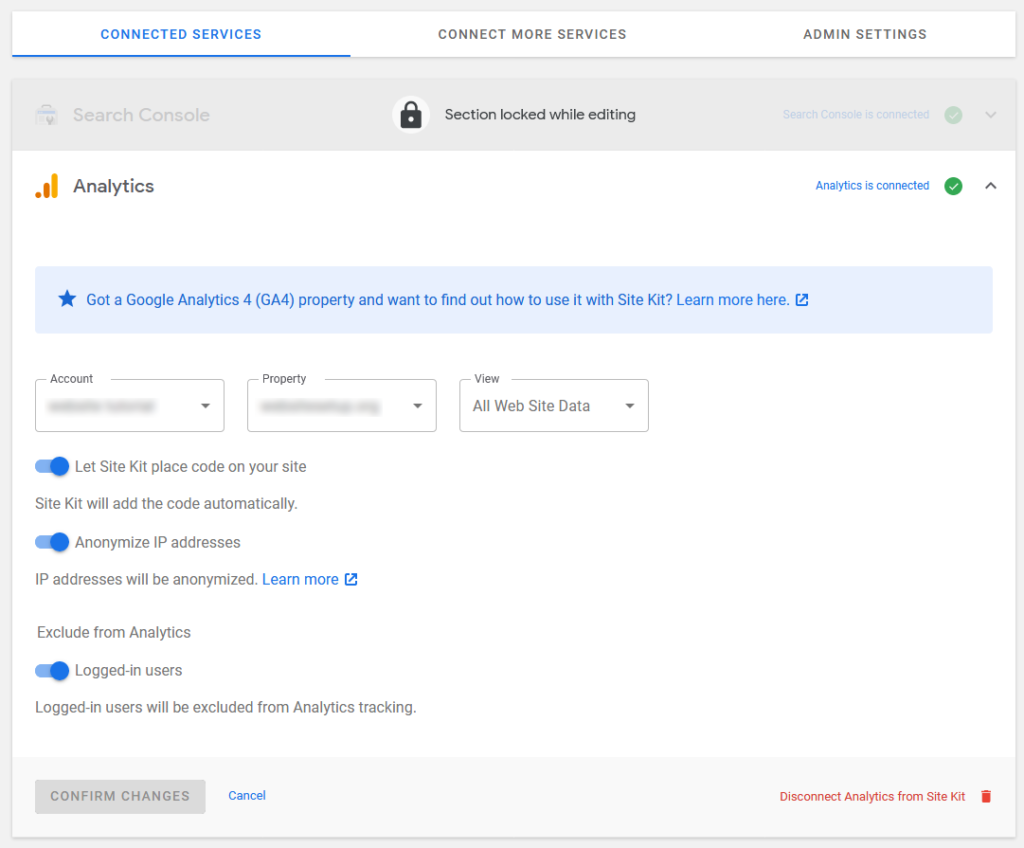 google analytics settings in site kit