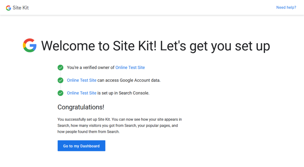 google site kit setup confirmation