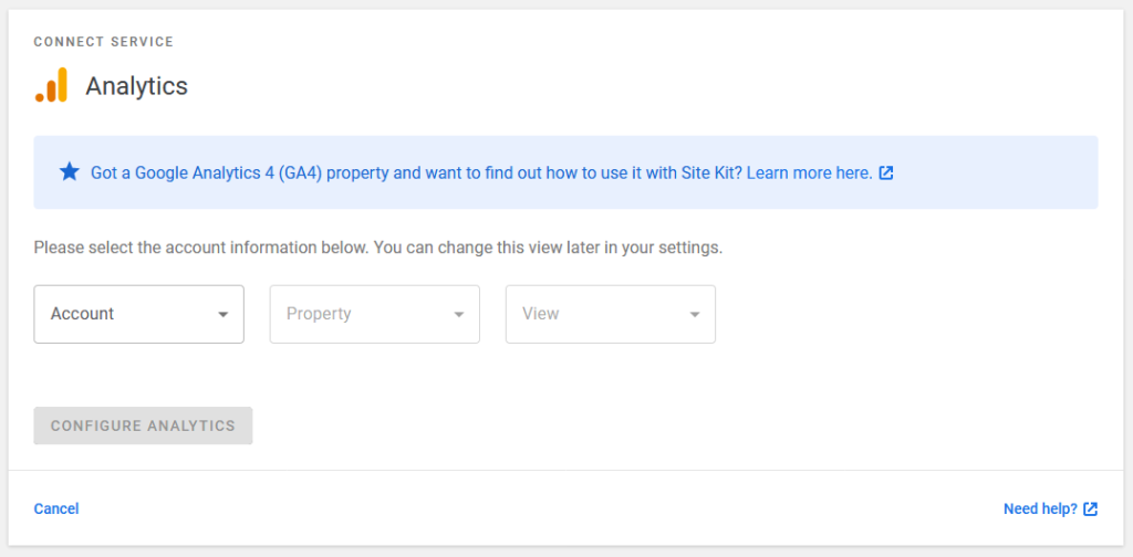 pick google analytics account property and view in site kit