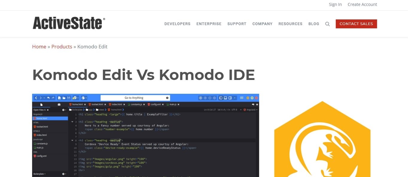 The Komodo Edit text editor for HTML website.