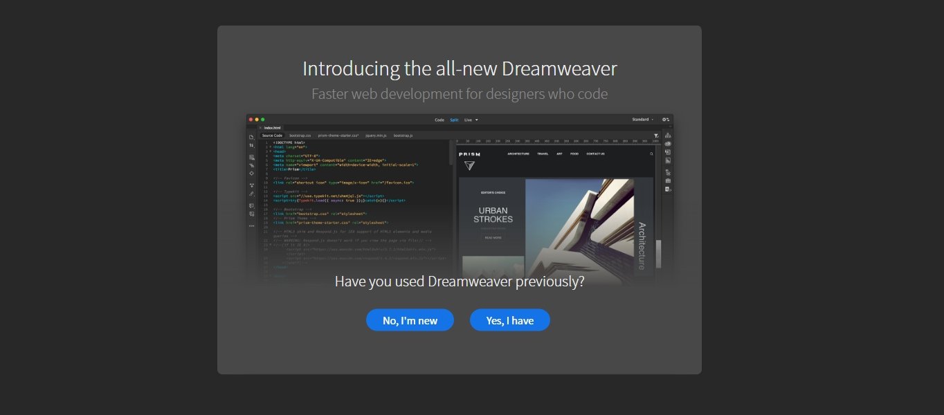 dreamweaver first startup