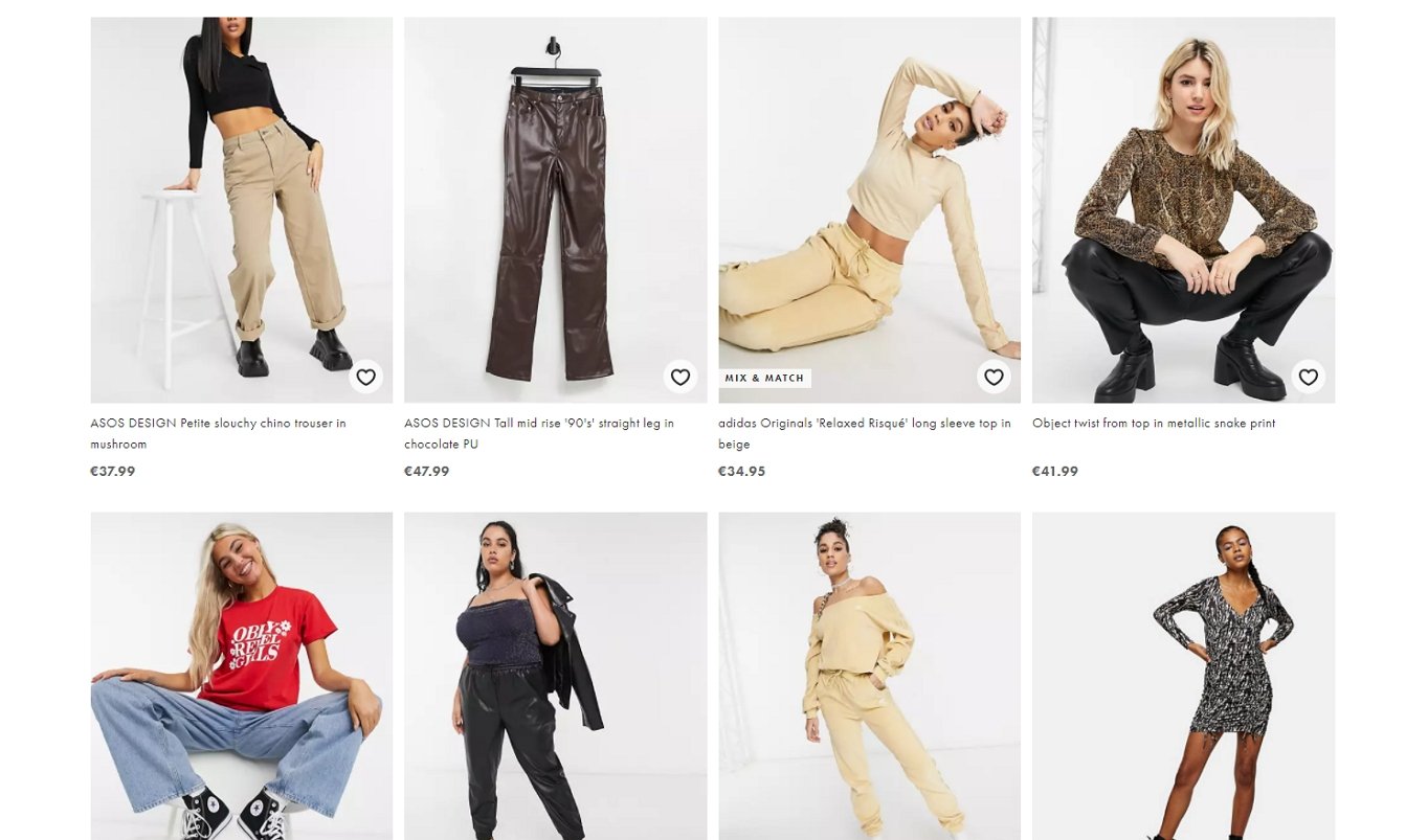 Ecommerce sites like Asos favour card-based layouts to display product listings.