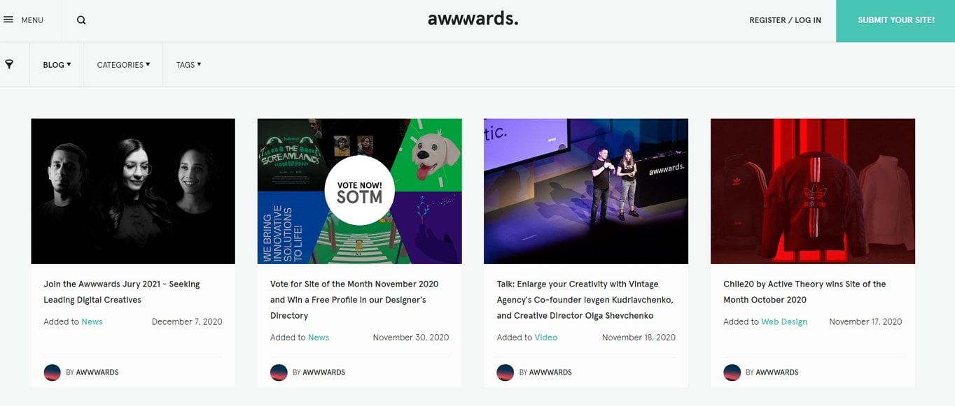 Awwwards use a card-based layout to list the posts on its blog.