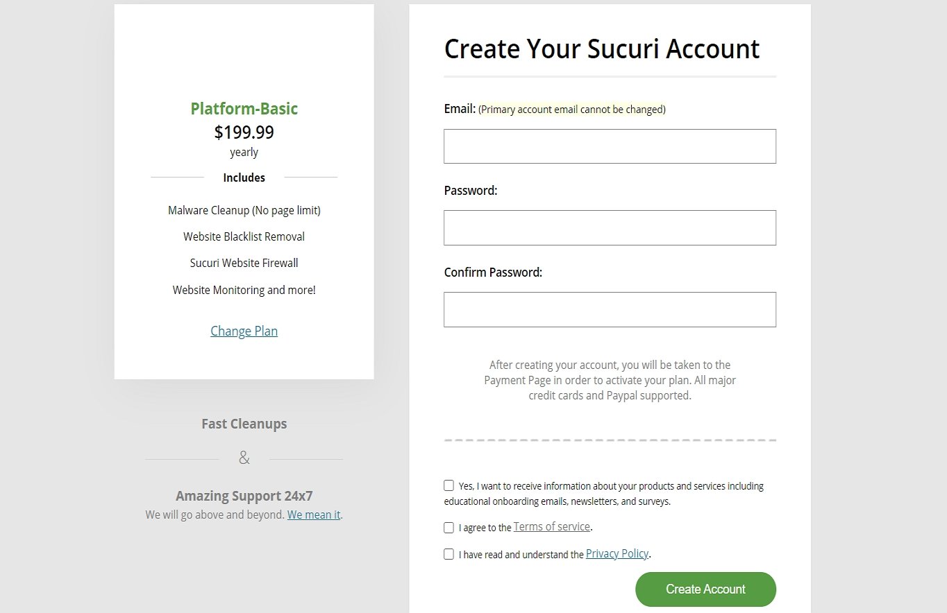 Signing up for Sucuri account
