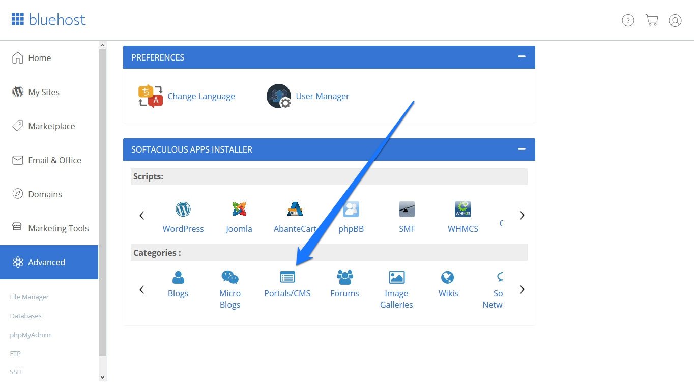 find portals cms option in bluehost management panel