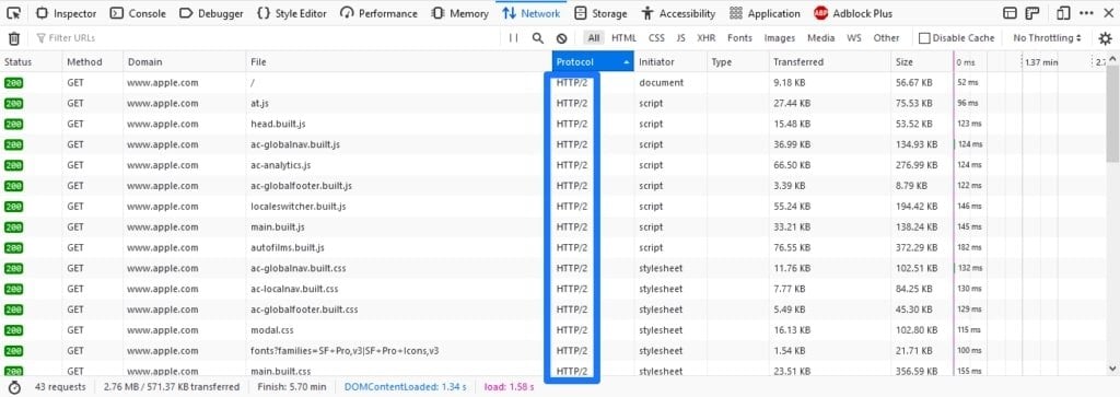http2 protocol in browser developer tools