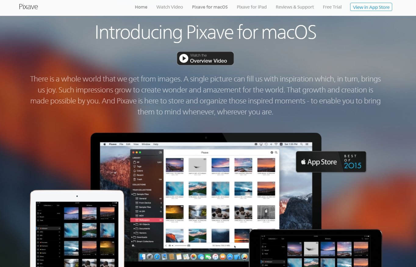 Pixave for MacOS takes the hero layout even further by having it dominate its homepage design.