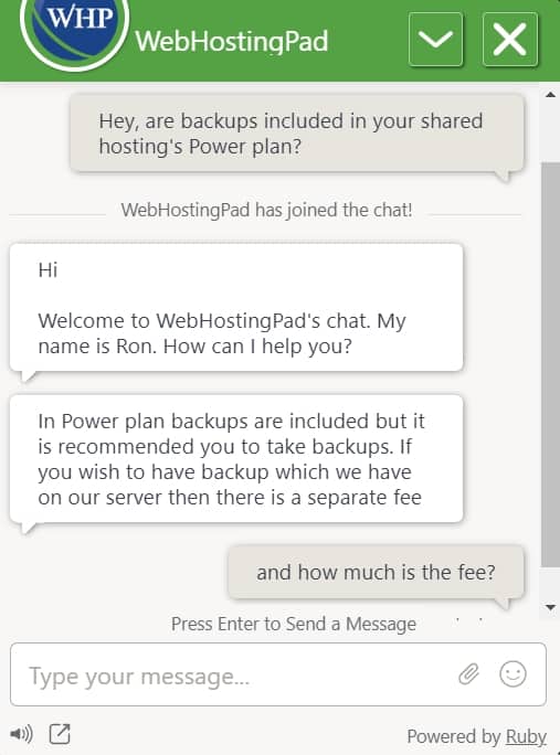 WebHostingPad live chat