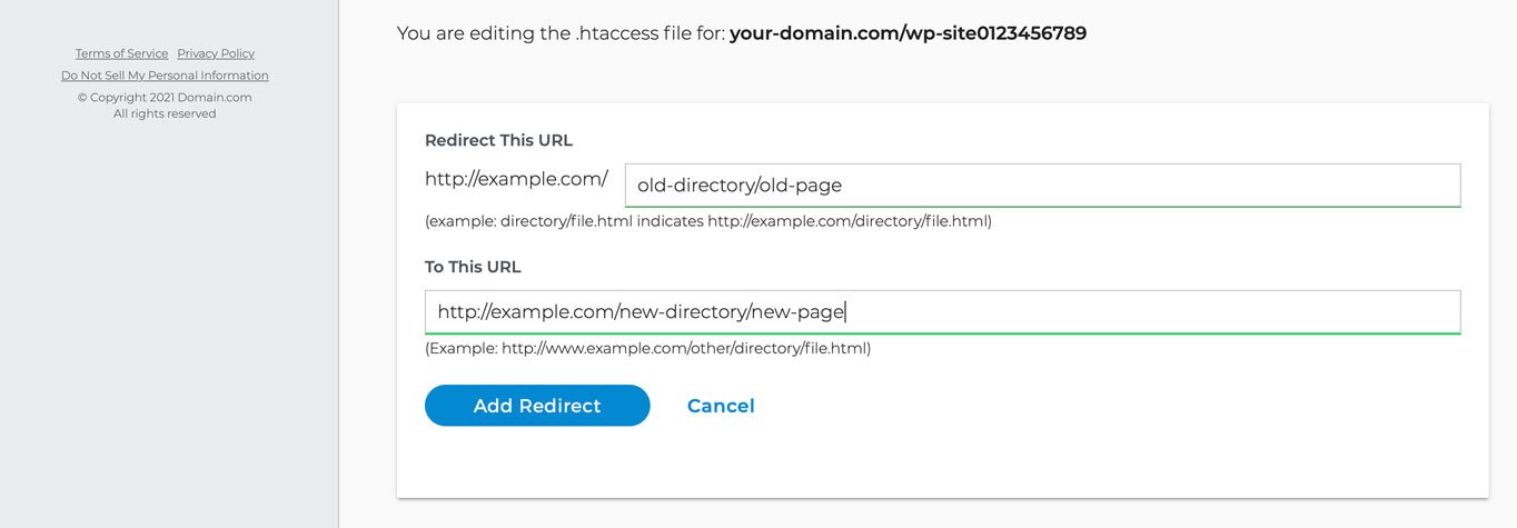 The URL redirect form from the .htaccess Editor page.