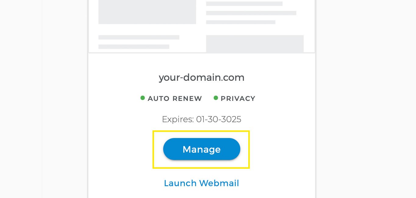 An example domain listed after logging in. The “Manage” button is highlighted.