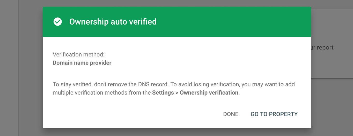 The “Ownership auto verified” message in Google Console.