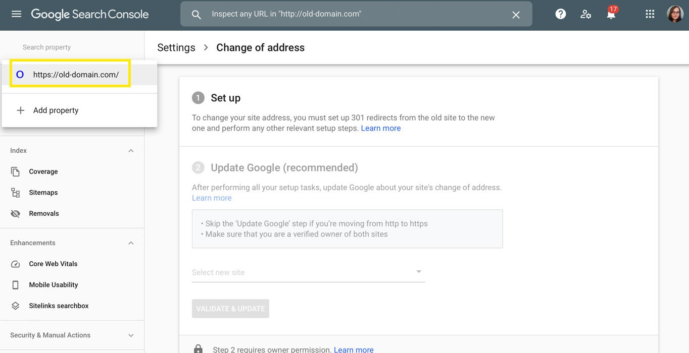 The Change of Address Tool in Google Console.