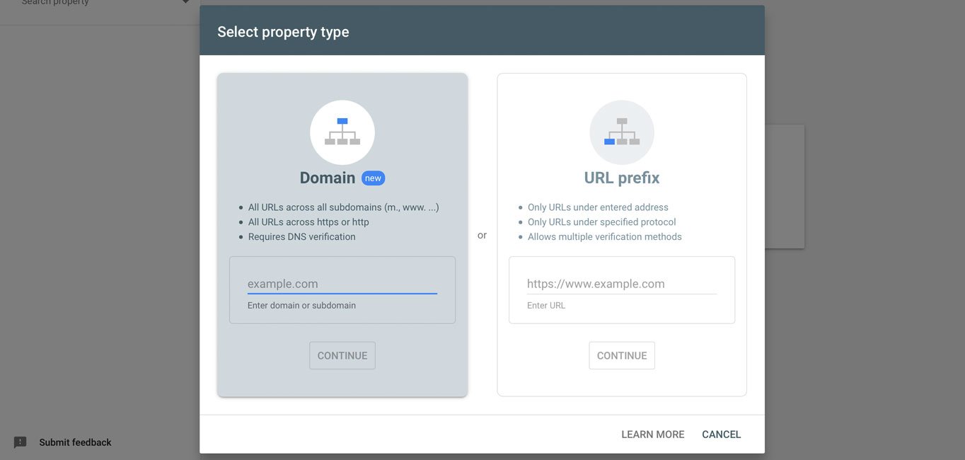 The Select property type pop-up overlay.