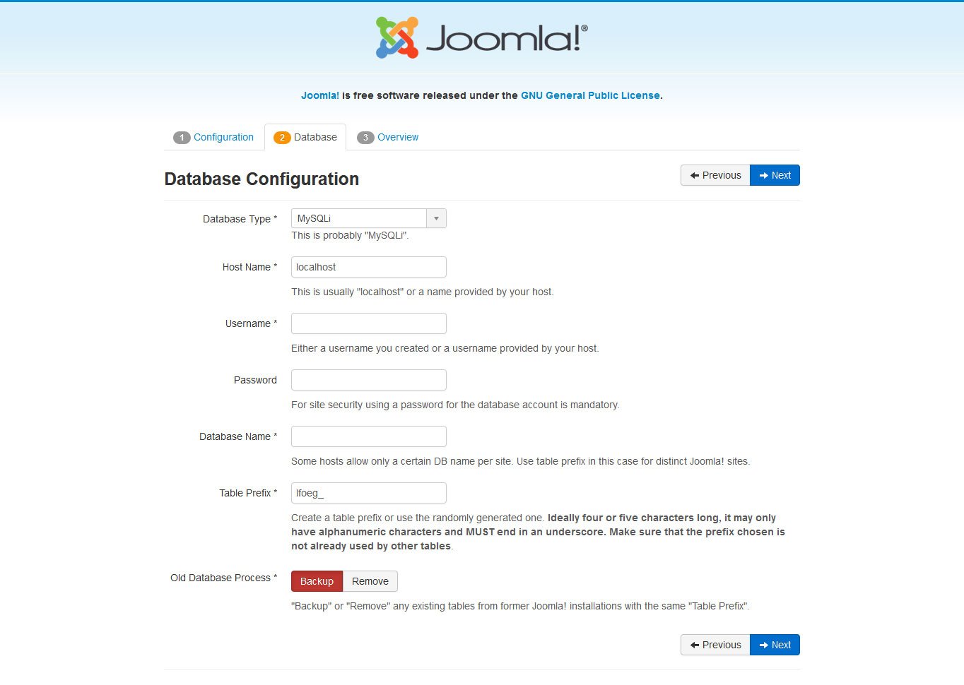 joomla manual installation step 2