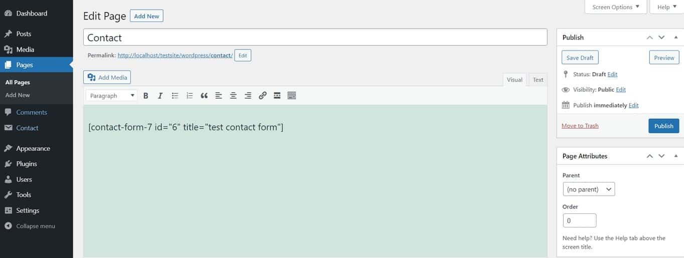 contact form 7 shortcode in wordpress editor