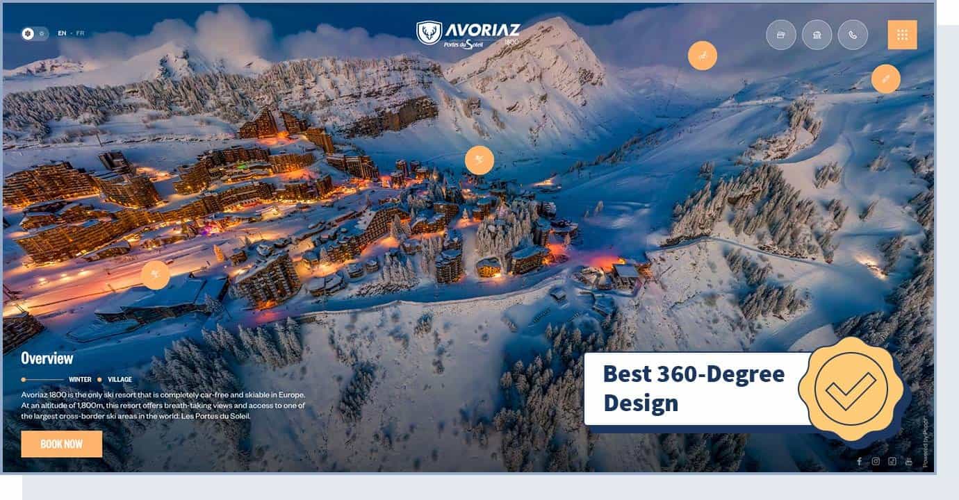 Avoriaz website homepage with badger that says "best 360-degree design"