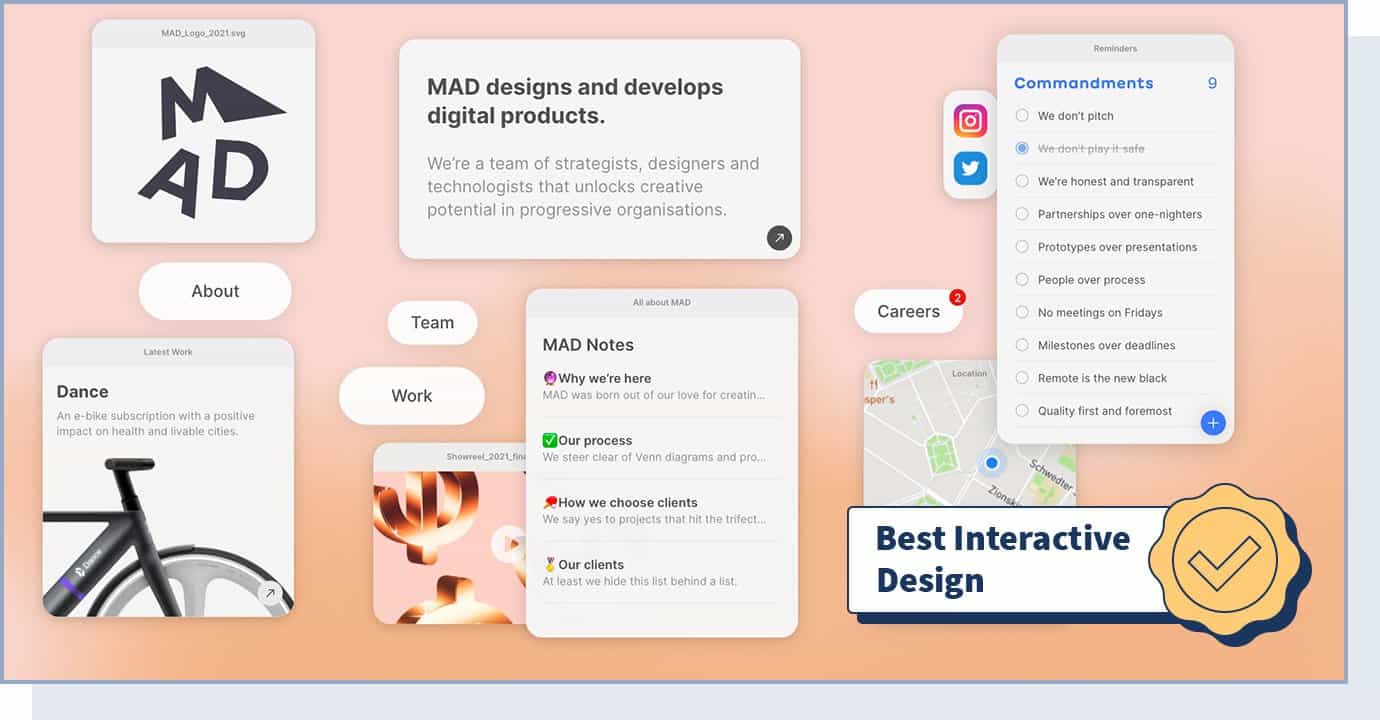 Mad website homepage with badge that says "best interactive design"