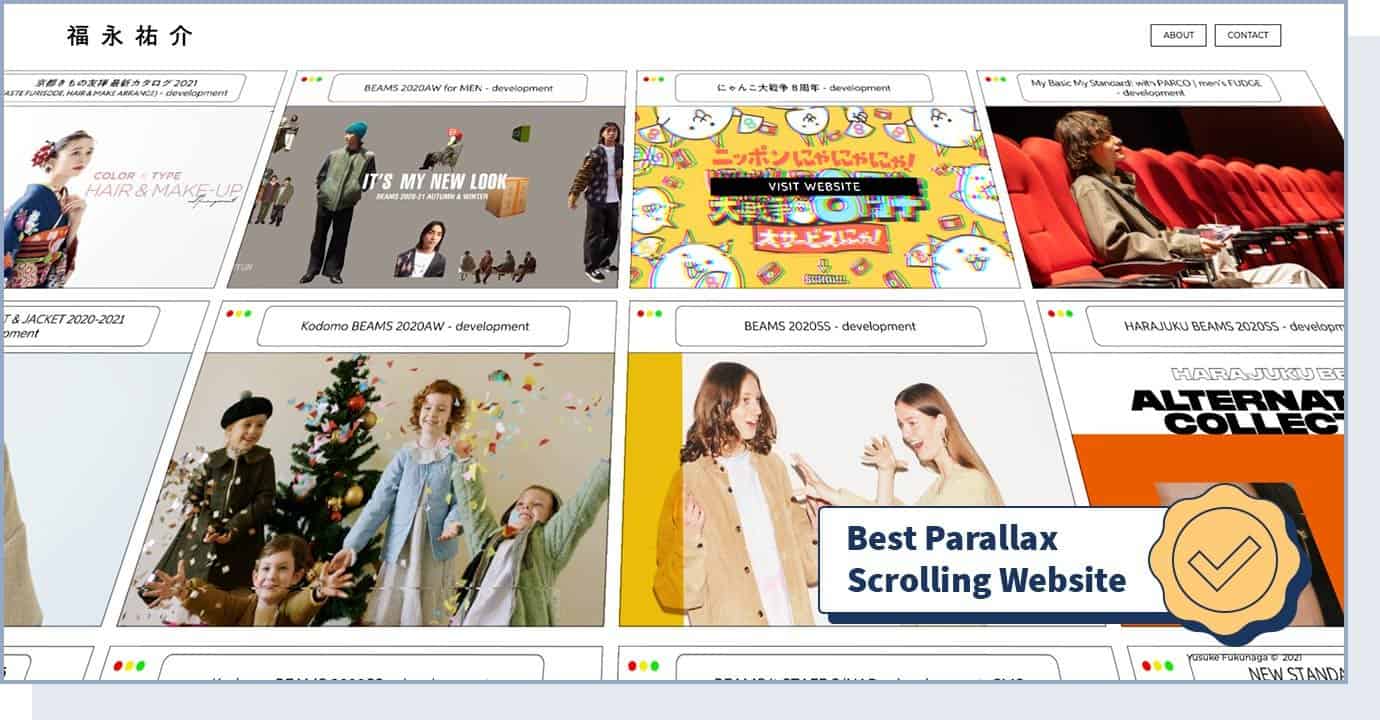 Yusuke Fukunaga website homepage with badge that says "best parallax scrolling website"