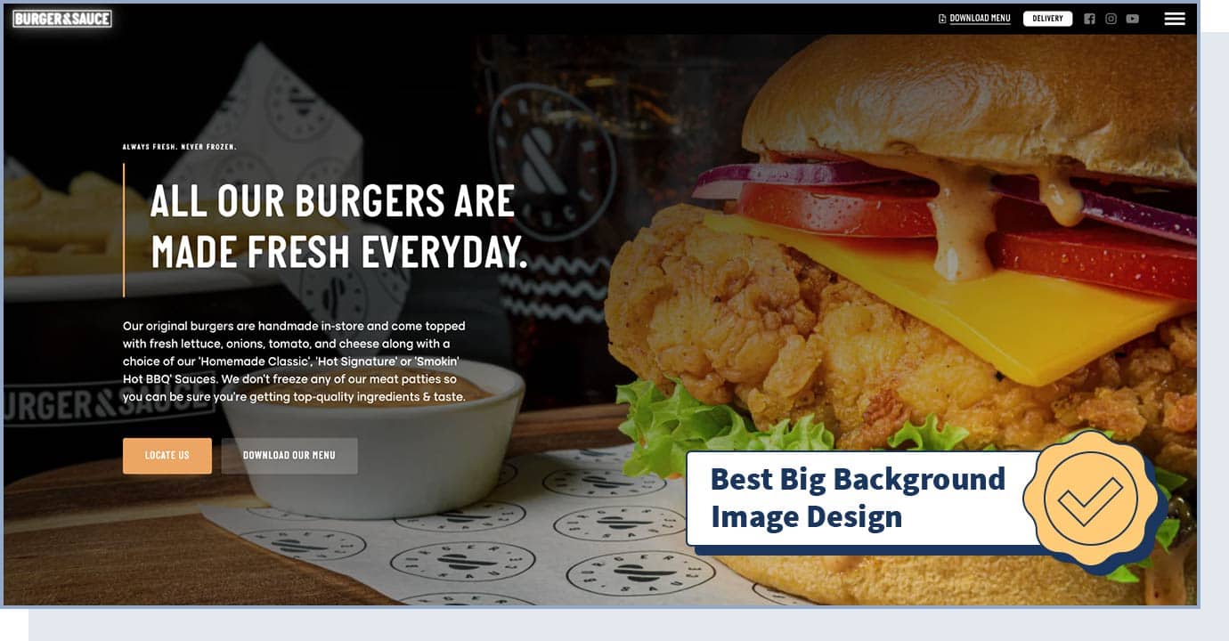 BURGER & SAUCE website with badge that says "best big background image design"