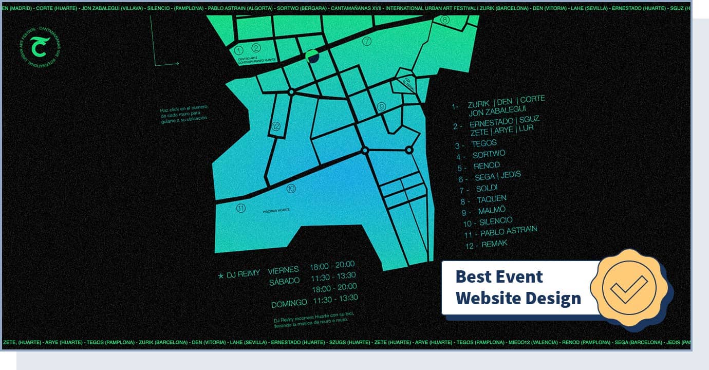 Cantamañanas International Urban Art Festival website with badge that says "best event website design"