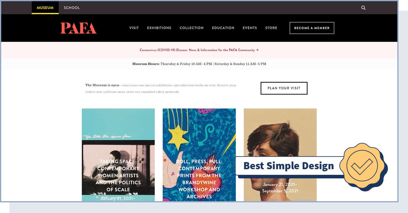 Pennsylvania Academy of Fine Arts website with badge that says "best simple design"