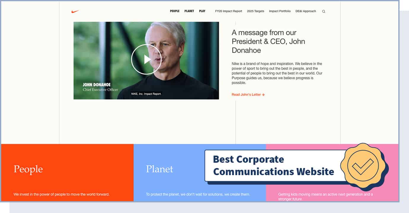 Nike Purpose Website with badge that says "best corporate communications website"