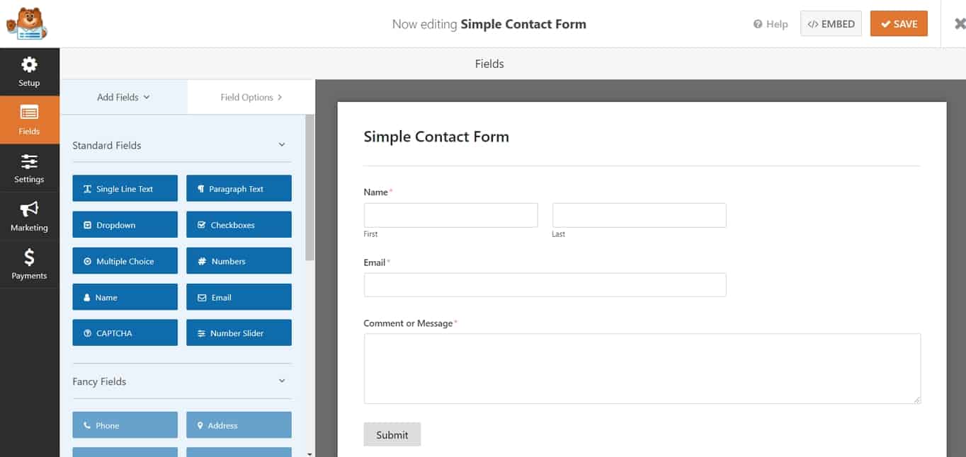 Simple Form contact form editing screen