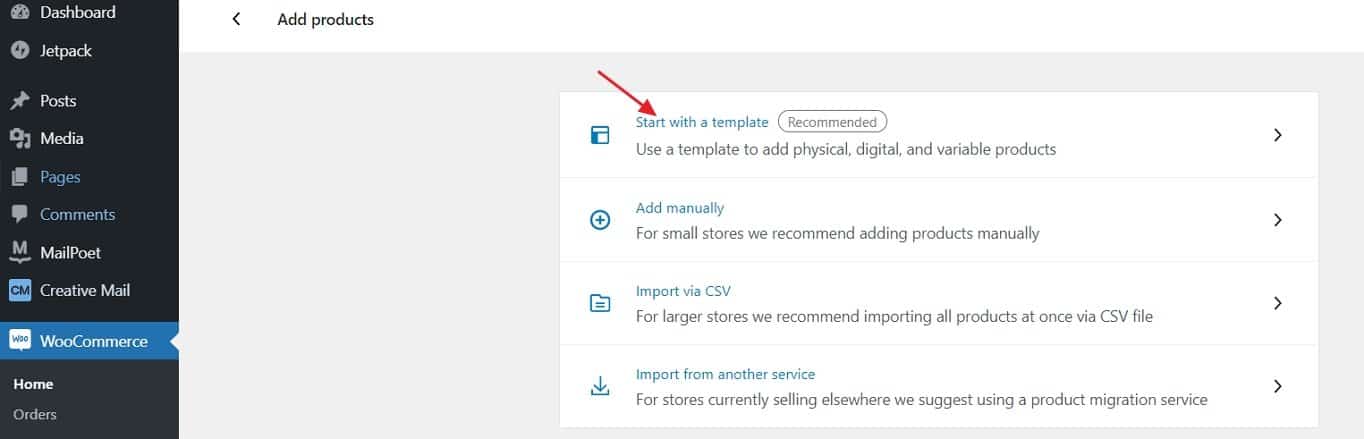 WooCommerce add products with template