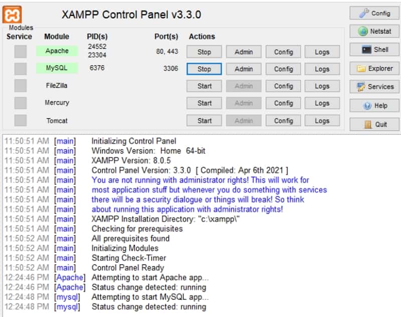 XAMPP modules ready to launch