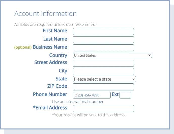 bluehost fill in your details