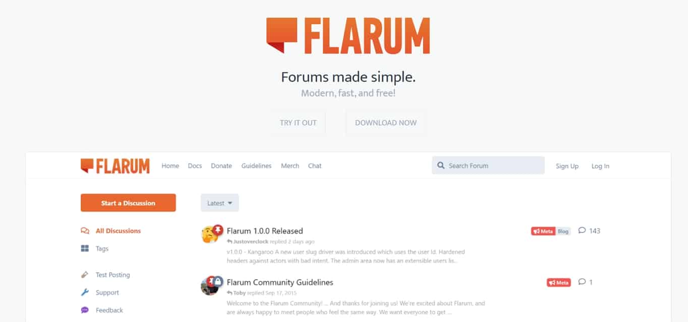 The Flarum website. It’s a newer, free forum software.