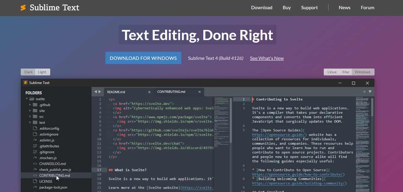 The website for the Sublime Text 4, HTML text editor.