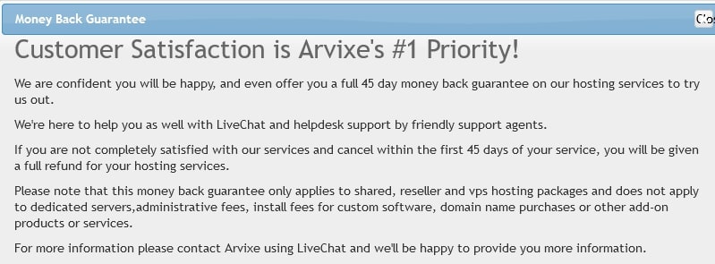 Arvixe Web Hosting 45-Day Money-Back Guarantee
