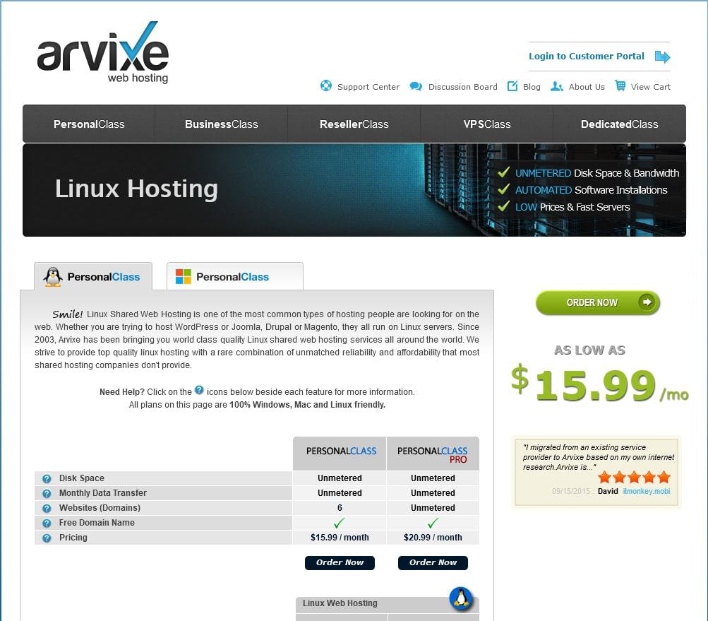Arvixe’s Linux Hosting Plans