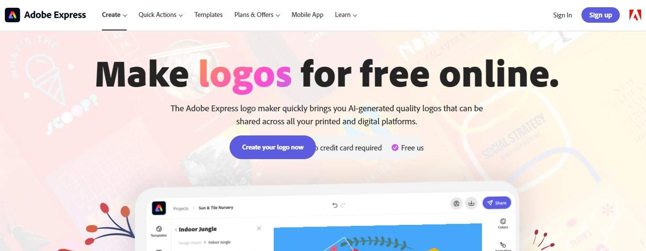 Adobe Express Logo Maker’s start page.