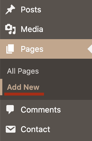 "Pages" tab on WordPress dashboard