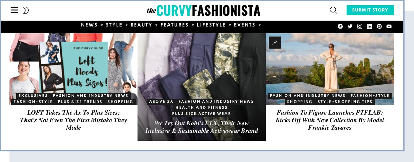 a screenshot of the Curvy Fashionista blog home page