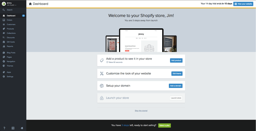 shopify admin panel