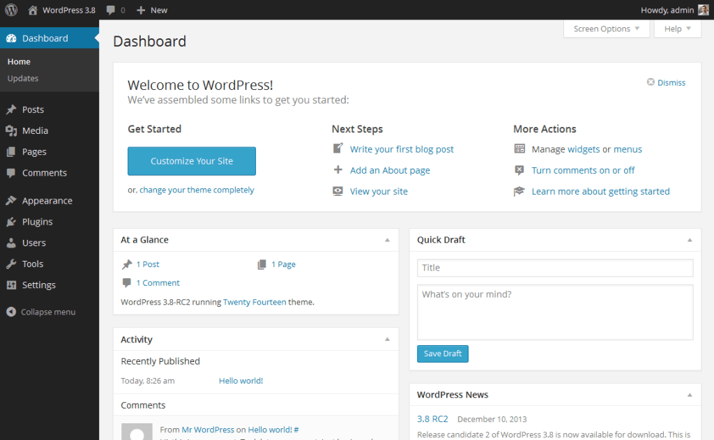 WordPress dashboard