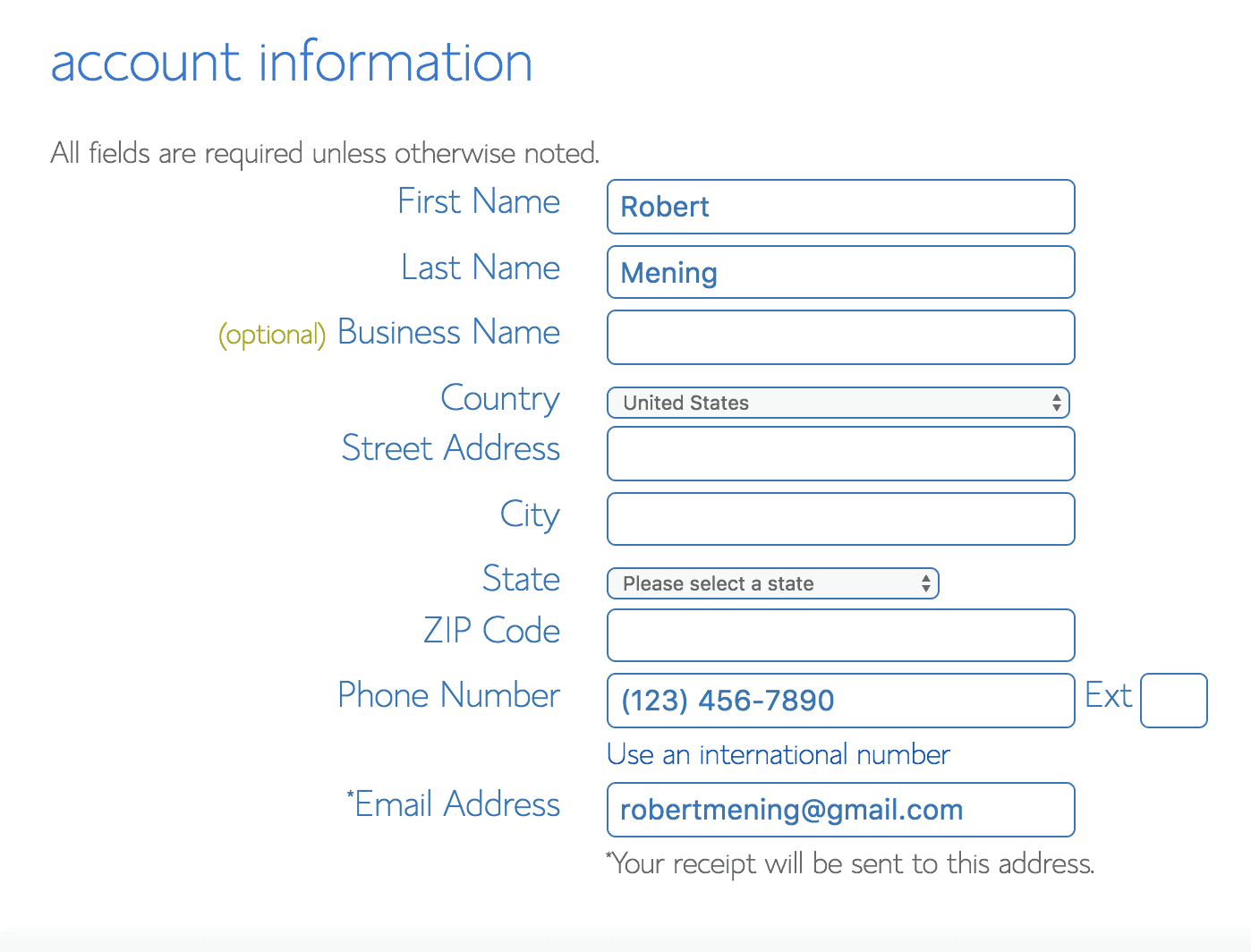 Information and your account you. Форма для заполнения account information.