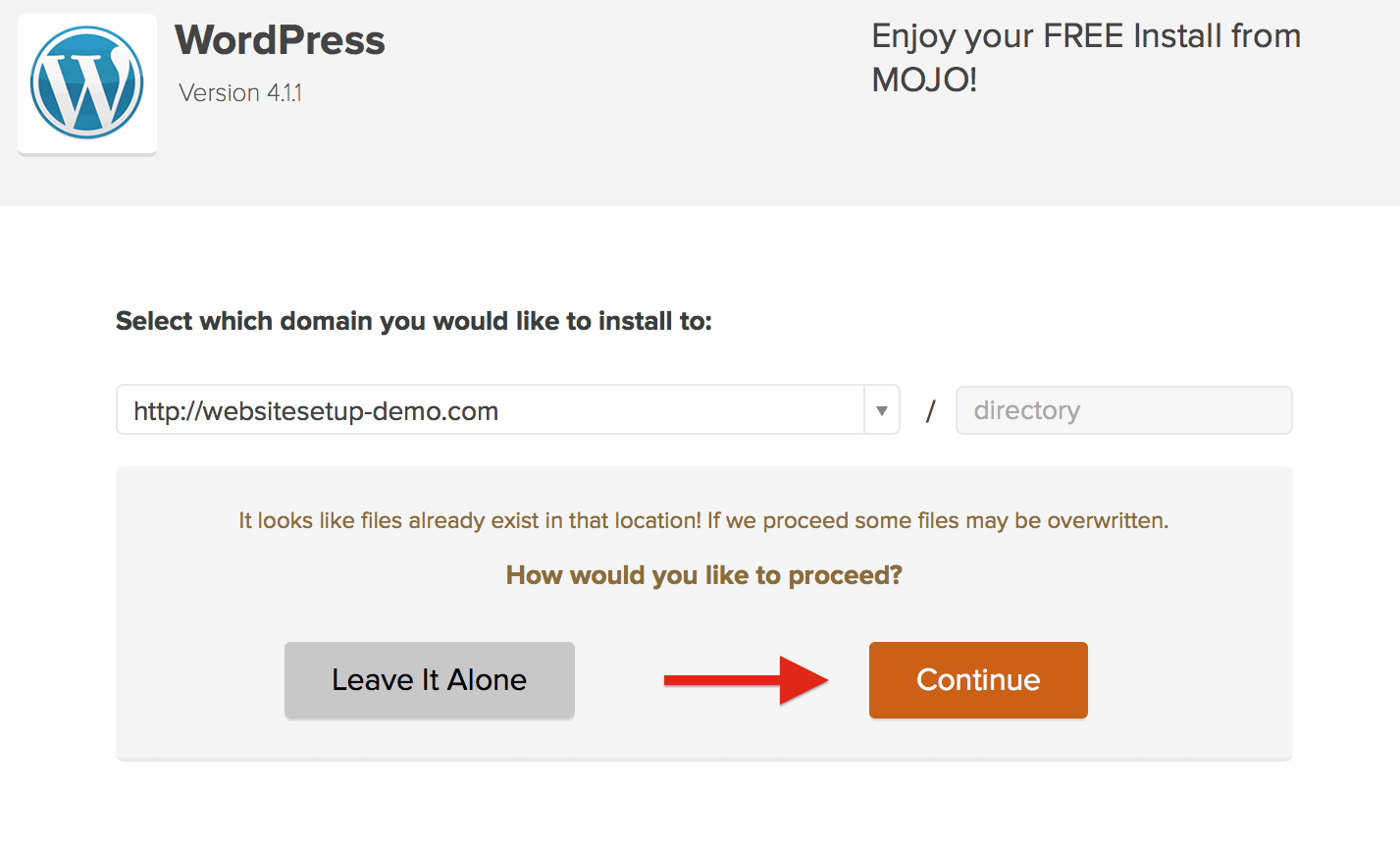 Bluehost WordPress install Joomla files already exist warning