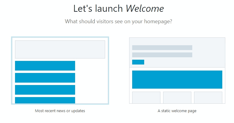 Bluehost WordPress welcome page most recent news and updates or a static